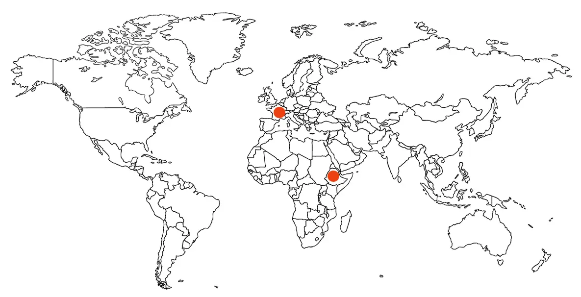 Map with markers in Europe and East Africa