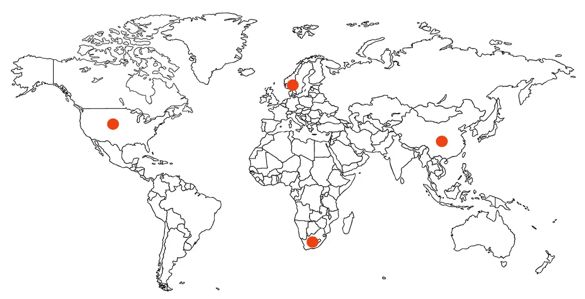 Map with markers in the U.K. and South Africa