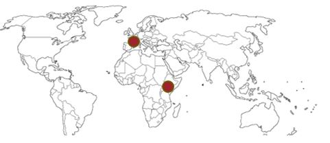 Map with markers in U.K. and East Africa