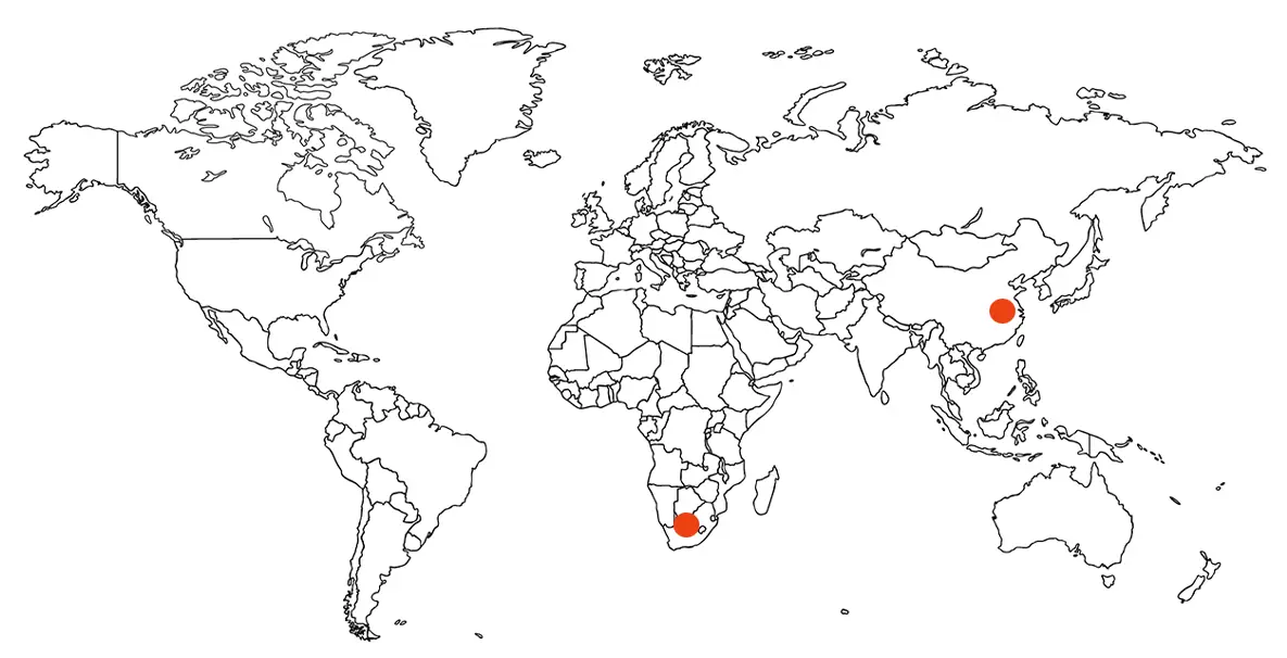 Map with markers in South Africa and China