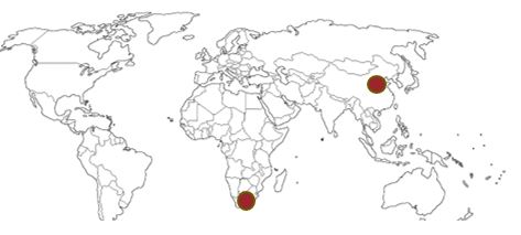 Map with markers in South Africa and China