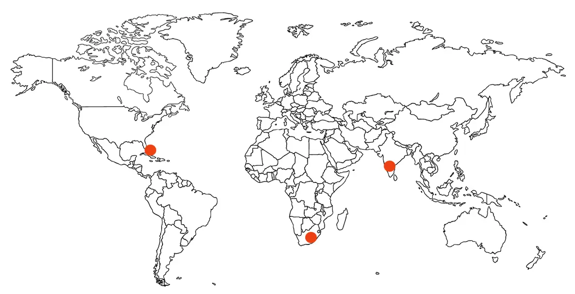 Map with markers in U.S.A., South Africa, and India