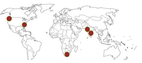 Map with markers in U.S.A., India, and South Africa